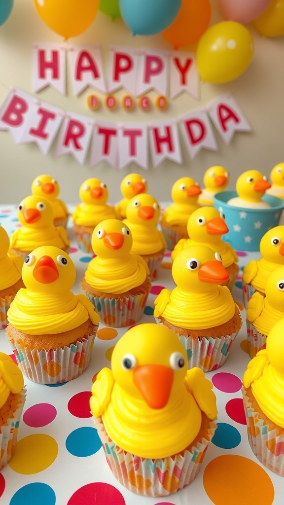 Duck-shaped cupcakes with yellow frosting and candy decorations on a festive birthday table.